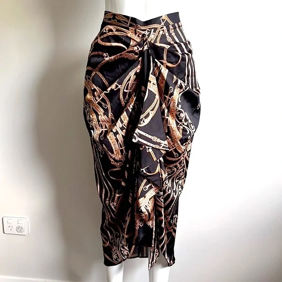 SHEIKE Asymmetric Pencil Skirt. Black and Brown Abstract Print - Picture 7 of 8
